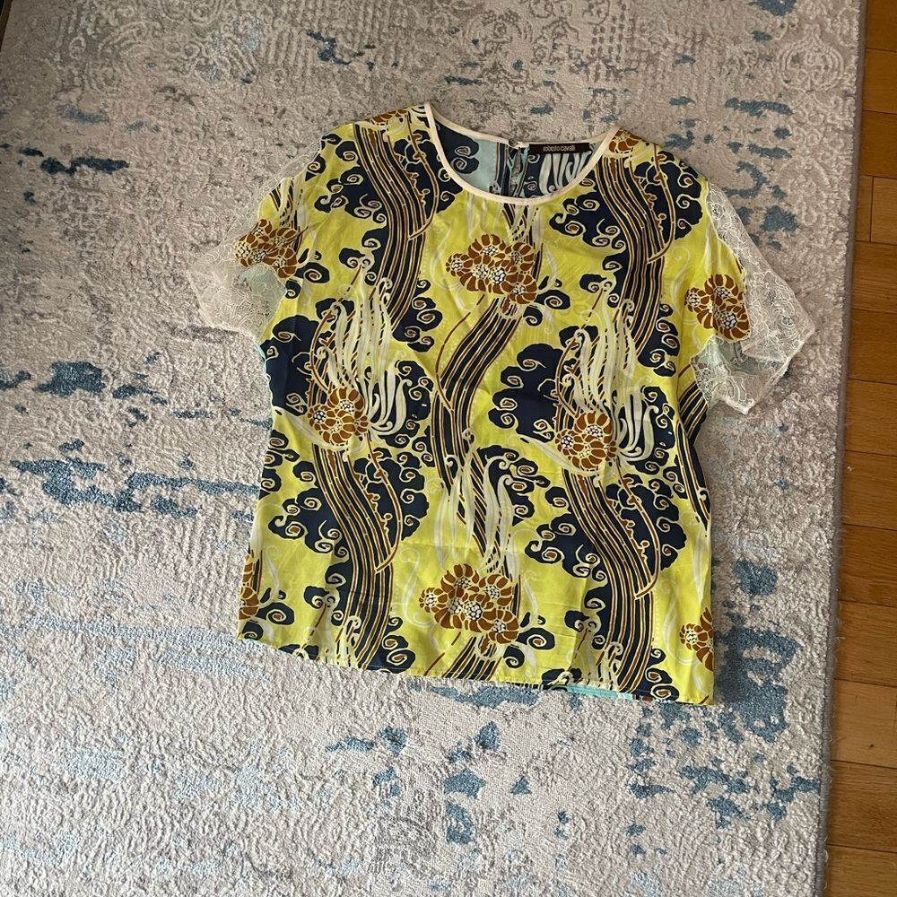 Roberto Cavalli silk Vibrant Yellow and Navy Top